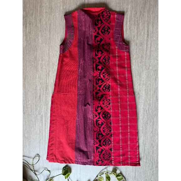 Handmade Woven Cotton Tunic Dress Red Purple Patchwork Sleeveless Folk Boho M - Picture 2 of 7